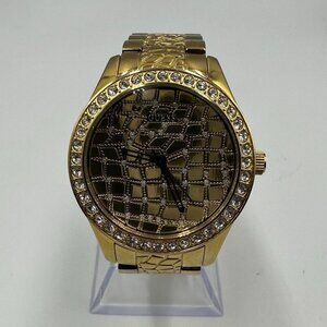 Guess Croc Glam Watch Women Gold Tone Tone Crystal Bezel New Battery 7"